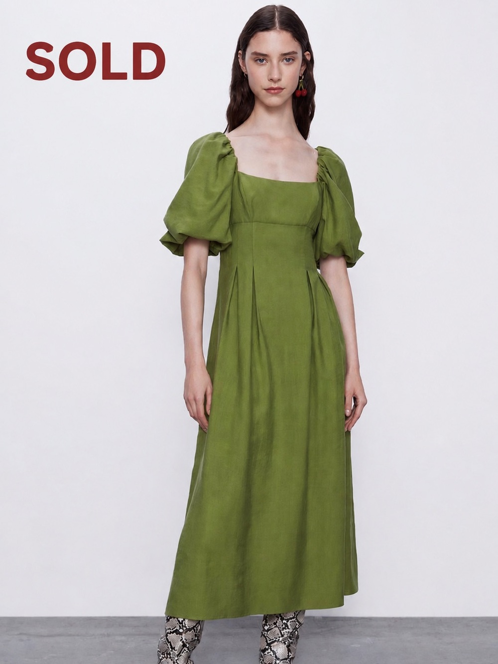 Sold Zara Olive Green Puff-Sleeve Maxi Dress